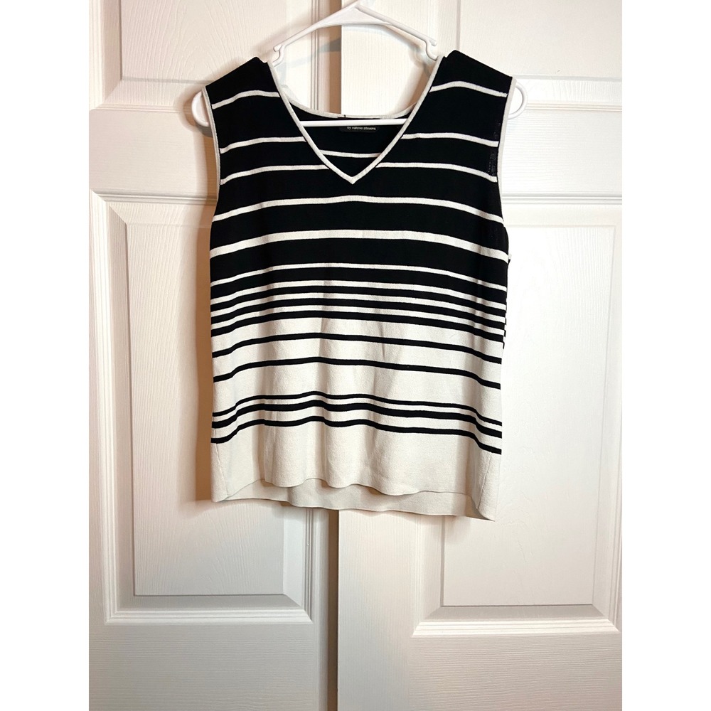Valerie Stevens Large Black White Striped V-Neck Sleeveless Knit Top Shell